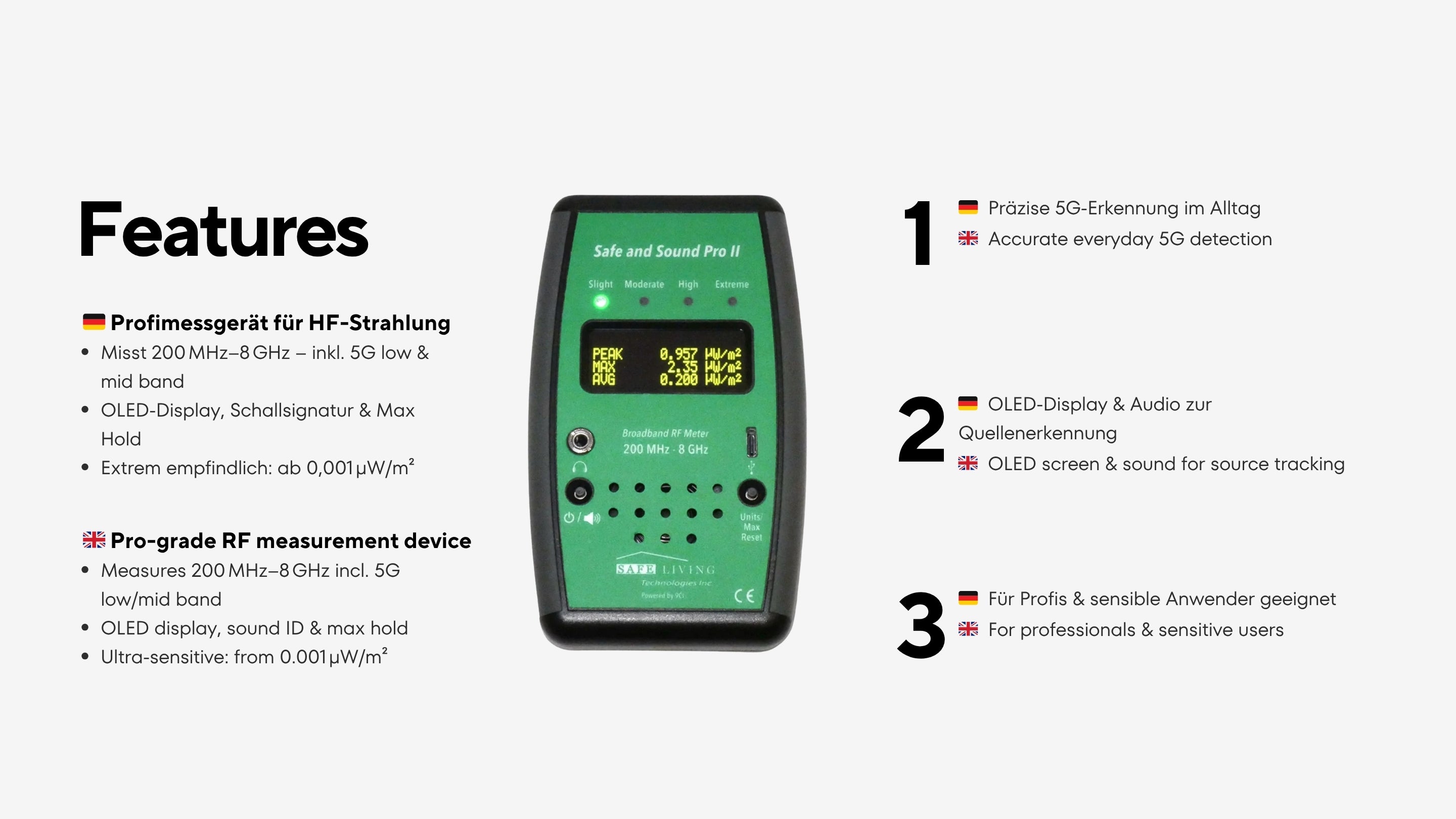 Safe & Sound Pro II HF-Detektor | Messung elektromagnetischer Strahlung für Gesundheit und Wohlbefinden | Strahlungsdetektor für elektromagnetische Felder | EMF-Messgerät Safe & Sound Pro II HF-Detektor | Messung elektromagnetischer Strahlung für Gesundheit und Wohlbefinden | Strahlungsdetektor für elektromagnetische Felder | EMF-Messgerät